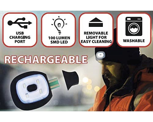 Wiederaufladbare Mütze mit USB-Ladeanschluss, 100 Lumen SMD LED, abnehmbare Leuchte zur einfachen Reinigung und waschbarem Material.