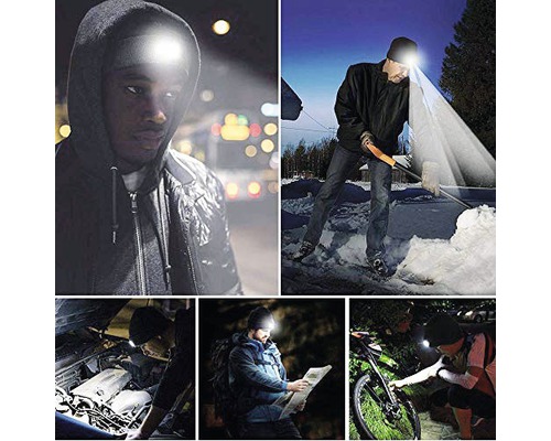 Personen, die eine LED Stirnlampe in verschiedenen Outdoor-Szenarien tragen.