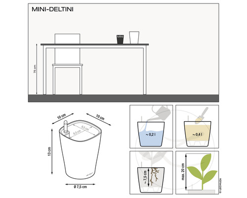 Abmessungen Lechuza Mini Deltini Pflanzgefäß mit Bewässerungssystem und Anwendungshinweisen