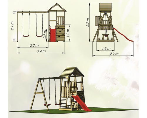 Abbildung eines Spielturms mit Schaukel und Rutsche, inklusive Maßangaben