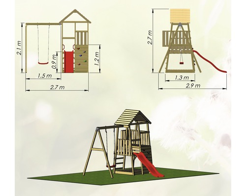 Spielturm mit Schaukel, Rutsche und Kletterwand, Seitenansicht und Vorderansicht mit Maßangaben