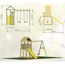 Illustration eines Spielturms mit Schaukel und Rutsche mit Maßangaben