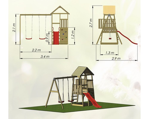 Technische Zeichnung eines Spielturms aus Holz mit Schaukel, Rutsche und Kletterwand mit Maßangaben