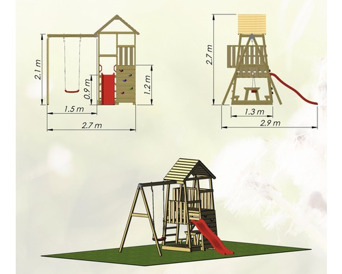 Abbildung eines Spielturms mit Schaukel und Rutsche mit Maßangaben