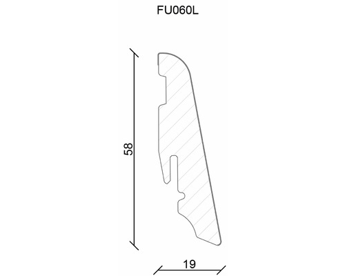 Technische Zeichnung einer Sockelleiste mit den Maßen 58 mal 19 Millimeter.