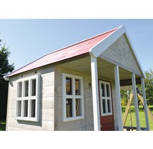 Spielhaus Alpaka Holz mit Schaukel, Veranda und Rutsche rot