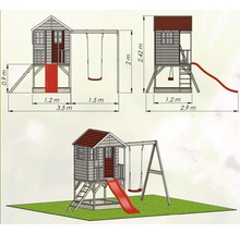 Spielhaus Alpaka Holz mit Schaukel, Veranda und Rutsche rot