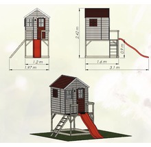 Technische Zeichnung eines Spielhauses aus Holz mit Rutsche und Leiter mit Maßangaben
