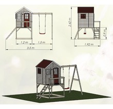 Illustration eines Spielhauses mit Schaukel und Maßangaben