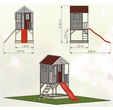 Illustration eines Spielhauses mit Rutsche und Leiter mit Maßangaben