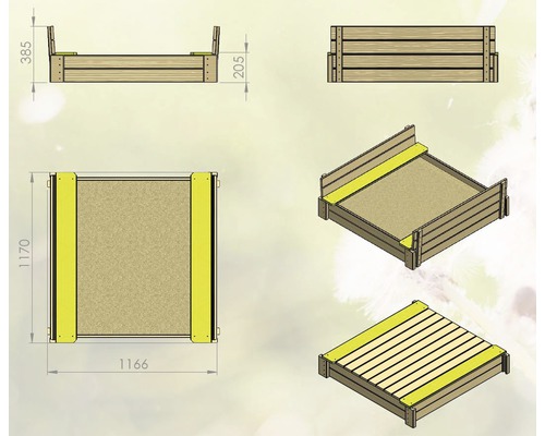 Technische Zeichnung eines Sandkastens mit Abmessungen