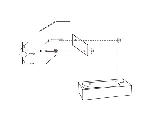 Installationsschema für eine Badewanne mit Wasseranschluss und Verkleidung.