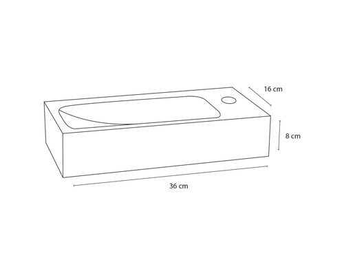 Skizze eines Waschbeckens mit den Maßen 36 cm Länge, 16 cm Breite und 8 cm Höhe.