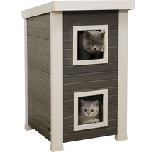 Katzenhaus mit zwei Katzen, die aus den Fenstern schauen