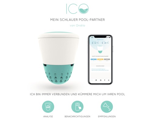 Poolanalysegerät neben einem Smartphone mit App-Anzeige