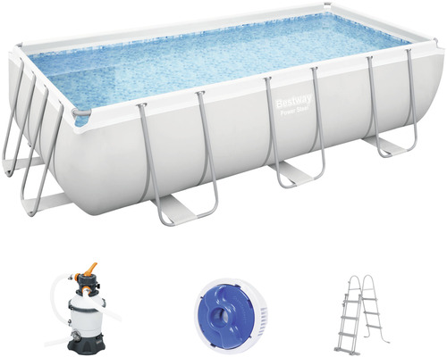 Aufstellpool Framepool-Set Bestway Power Steel™ eckig 404x201x100 cm inkl. Sandfilteranlage, ChemConnect Dosierer & Leiter grau