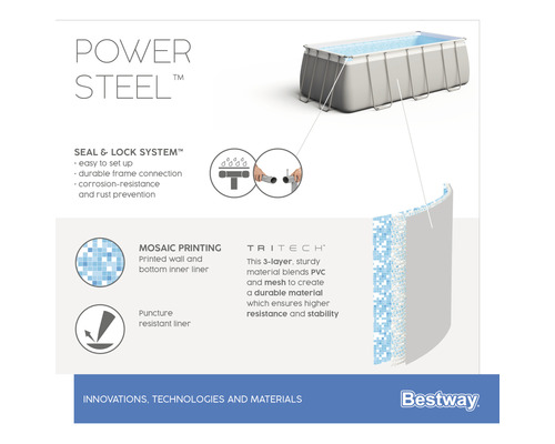 Bestway Power Steel Pool: Informationen zu Dichtung, Verriegelungssystem, Mosaikdruck und Tritech Material