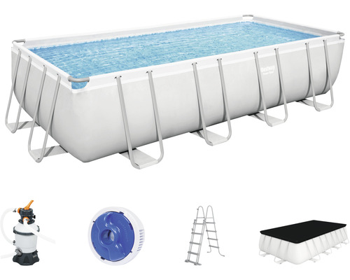 Aufstellpool Framepool-Set Bestway Power Steel™ eckig 488x244x122 cm inkl. Sandfilteranlage, ChemConnect Dosierer, Leiter & Abdeckplane grau