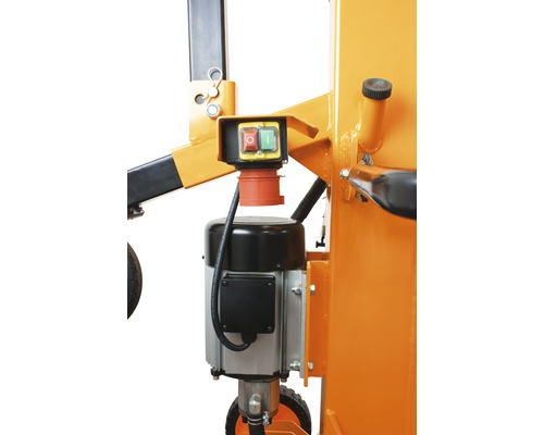 Detailansicht eines Holzspalters mit Motor und Schalter