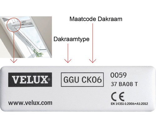 Velux Logo mit Informationen zu Dachfenstertyp und Maßcode