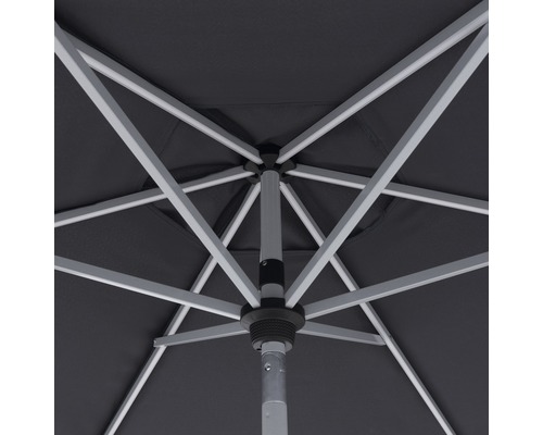 Detailaufnahme des Gestells eines Sonnenschirms von unten