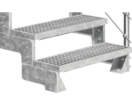 Detailansicht einer verzinkten Treppe mit zwei Stufen.