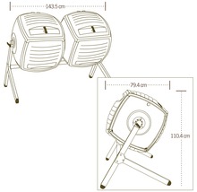 Doppelkammerkomposter mit Maßangaben von 143,5 cm Länge, 79,4 cm Breite und 110,4 cm Höhe.