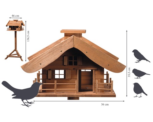 Vogelhaus im Chaletstil aus Holz mit Vogelhaus auf Ständer und Maßangaben