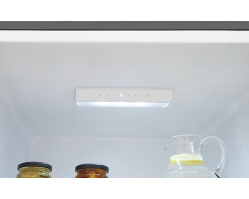 Innenraum eines Kühlschranks mit Temperaturregler und Glasbehältern