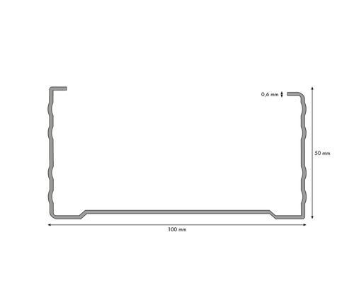 Technische Zeichnung eines Metallprofils mit den Maßen 100 mm x 50 mm x 0,6 mm