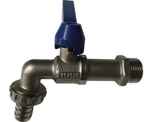 Wasserhahn aus Metall mit blauem Griff