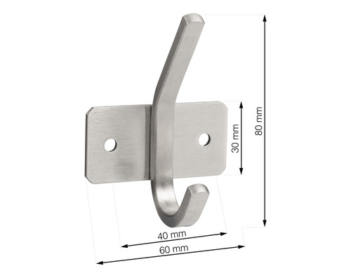 Kleiderhaken aus Metall mit den Maßen 80 mm Höhe, 60 mm Breite und 40 mm Ausladung