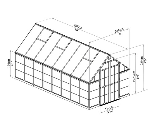 Technische Zeichnung eines Gewächshauses mit Maßangaben