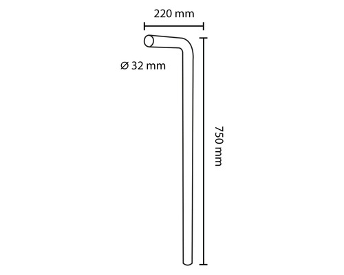Abflussrohr mit 32 Millimeter Durchmesser und einer Länge von 750 Millimetern sowie einer Breite von 220 Millimetern