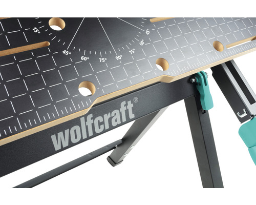 Detailansicht einer Wolfcraft Werkbank mit Winkelangaben und Markierungen