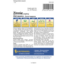 Samenpackung Zinnie einjährig Old Mexico Zinnia haageana mit Aussaat-, Keimungs-, Kultur-, Abstands- und Blütehinweisen