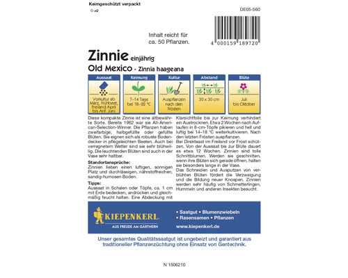 Samenpackung Zinnie einjährig Old Mexico Zinnia haageana mit Aussaat-, Keimungs-, Kultur-, Abstands- und Blütehinweisen