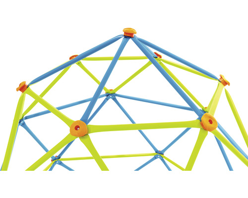 Detailansicht eines Spielplatz-Klettergerüsts mit blauem und gelbem Rahmen