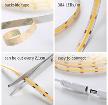 LED-Streifen mit Klebeband auf der Rückseite, 384 LEDs pro Meter, alle 2,1 cm zuschneidbar, einfach zu verbinden.