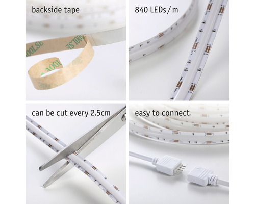 LED Streifen mit rückseitigem Klebeband, 840 LEDs pro Meter, alle 2,5 cm zuschneidbar und einfach zu verbinden