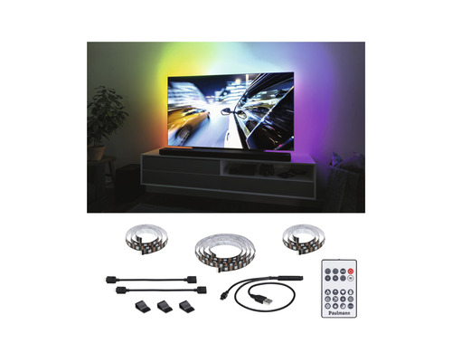 LED-Streifen zur indirekten Beleuchtung hinter einem Fernseher, inklusive Fernbedienung und Zubehör