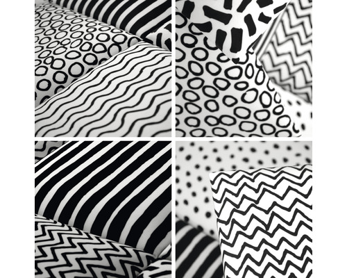 Collage verschiedener Kissen mit schwarz-weißen Mustern