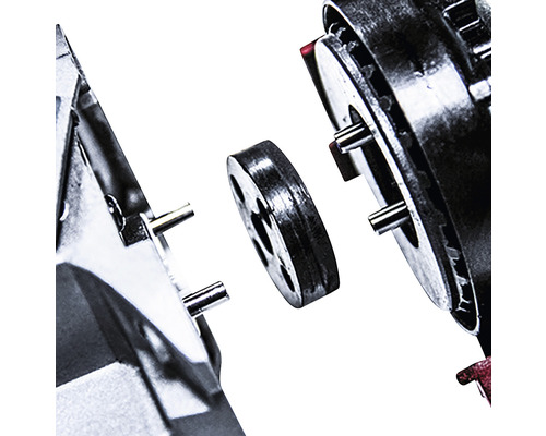 Explosionszeichnung einer mechanischen Vorrichtung mit Metallscheibe und Stiften