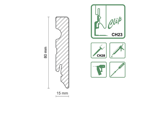 Technische Zeichnung einer Sockelleiste mit Clipbefestigung, Maße 80 mm x 15 mm, Symbole für Montageoptionen.