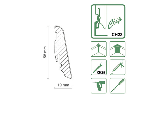 Abbildung einer Sockelleiste mit den Maßen 58 x 19 Millimeter und Montagehinweisen