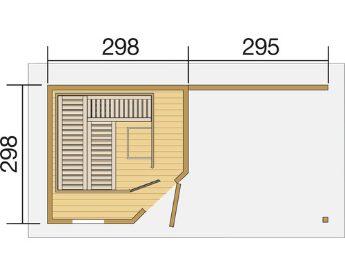 Grundriss einer Sauna mit den Maßen 298 mal 298 und 295