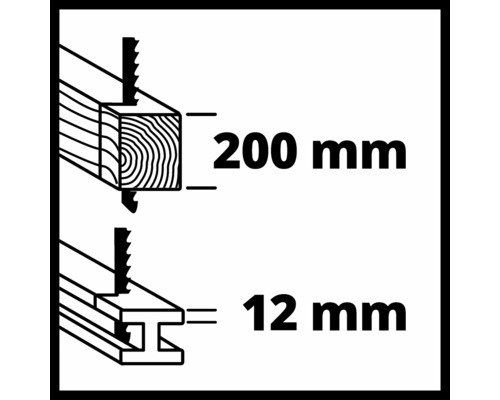 Schnitttiefe 200 Millimeter in Holz, 12 Millimeter in Stahl