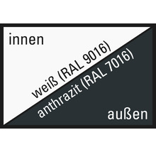 Anwendungsbereich innen und außen mit Farbtonangaben Weiß RAL 9016 und Anthrazit RAL 7016