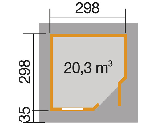 Grundriss mit den Maßen 298 x 298 x 35 Zentimeter und einem Rauminhalt von 20,3 Kubikmetern