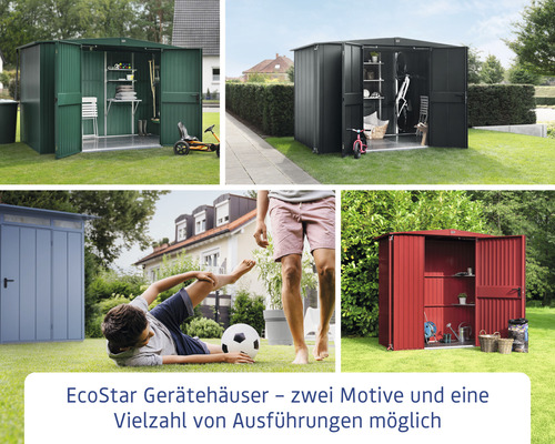 EcoStar Gerätehäuser in verschiedenen Farben und Ausführungen im Garten.